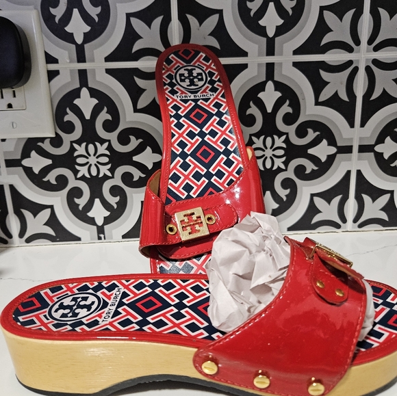 Tory Burch Dixon Patent Leather Wood Slides size 8 Womens Shoes Red Blue clogs - Picture 2 of 16